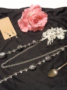 20s  Retro Styled Tiered Long Necklace Drop Earings & Old Tiny Spoon Lot